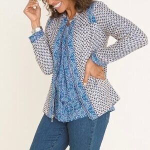 Women’s Chicos Tweed Jacket with Floral Accents and Zipper, Size 3 / XL.